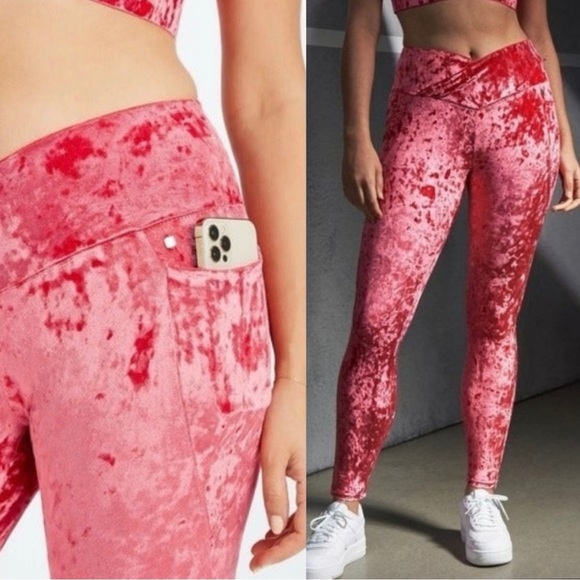 FABLETICS CRUSHED VELOUR CROSSOVER STRAWBERRY 🍓 RED LEGGINGS SIZE (L) - Picture 5 of 12